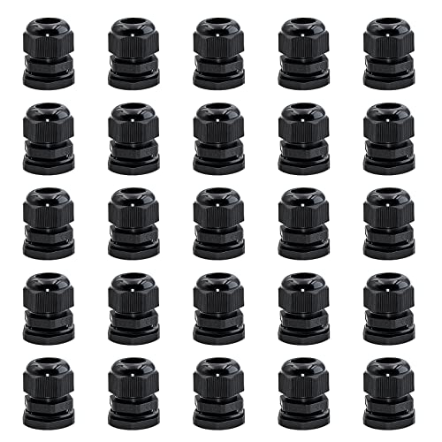 25 Pack Cable Glands Waterproof PG13.5, Nylon Plastic Waterproof Adjustable 1/4”-1/2”(6-12mm), Black Nylon Joints with Gaskets, Cable Strain Relief Cord Connector
