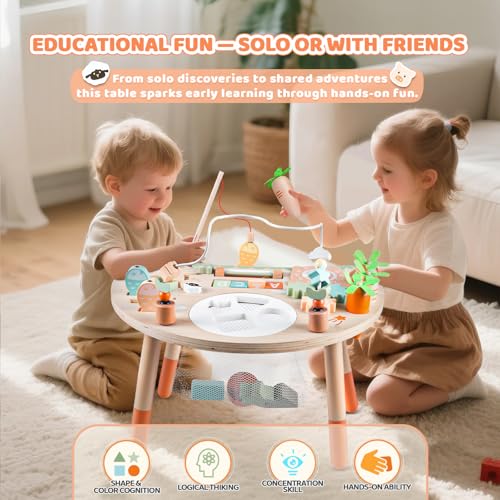 Hewaurorion Activity Table for 1+ Year Old, 9-in-1 Montessori Wooden Sensory Table with Shape Sorter Fishing Game Bead Maze, Baby Activity Center Toy Learning Toys for Toddler 12-18 Months
