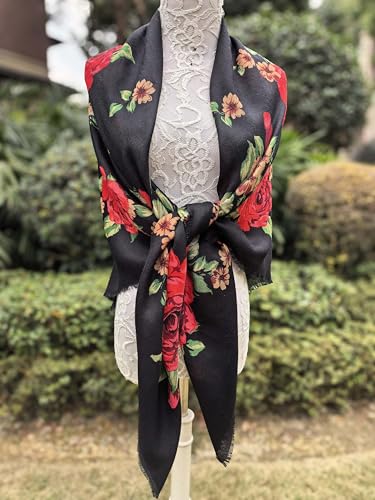 FANFAN Floral Print Square Scarf Shawl for Women Rose Mexican Shawl Russian Style Shawl Ethnic Wrap Evening Dress Party D84