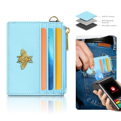 Image of SEAVILIA Card Holder Keychain Wallet for Women with ID Window RFID Coin Purse Bee Gifts Slim Minimalist Small Wallet, Blue, 4.4 x 3.38 inches, Minimalist