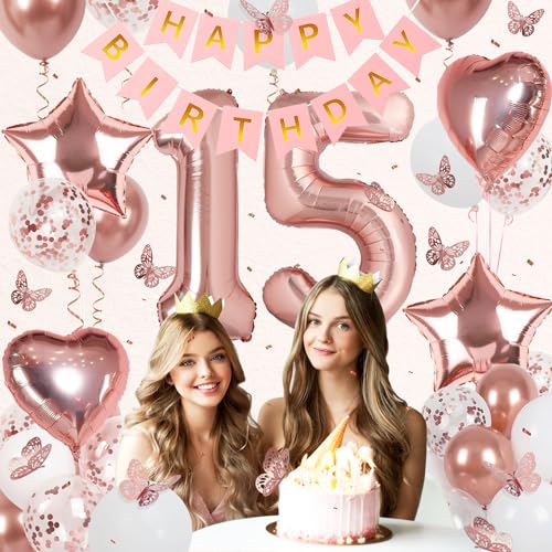 Image of Rose Gold 15th Birthday Decorations for Girl, 15 Year Old Sign with Happy Birthday Banner, 40In Number 15 Foil Birthday Balloons, Butterfly Decorations, Heart and Star Balloons