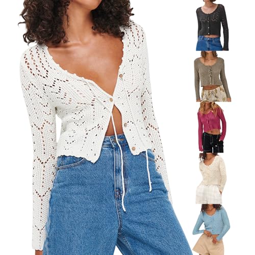 Womens Long Sleeve Open Front Knit Cropped Cardigan Sweaters V-Neck Button Down Crochet Sweater Tops Y2k Streetwear2