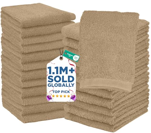Image of DAN RIVER 24 Pack Wash Cloths for Showering [12x12] - 100% Cotton Washcloths Premium Quality Flannel Face Cloths for Bathroom, Highly Absorbent and Soft Feel Wash Clothes, Tan