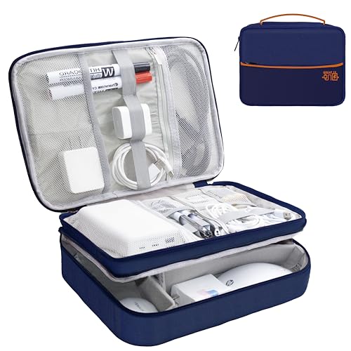 Image of Electronics Organizer,Travel Cord Organizer Pouch,Cable Organizer Bags | Waterproof Electronic Accessories Storage Case for Cables, Cords, Charger, Phone (Three Layer-NavyBlue)