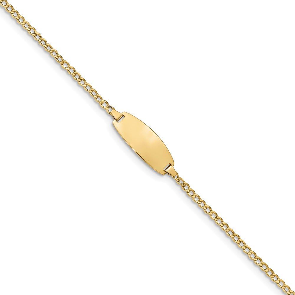 14k Yellow Gold Engravable Identification Name Bar Tag Oval ID Curb Cuban Bracelet - with Secure Lobster Lock Clasp 7" (Width = 8mm)