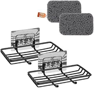 2 Pack Soap Dishes and 2Pcs Soap Saver, Stainless Steel and Self Adhesive Sink Bar Soap Holder with Hook for Shower Bathroom Kitchen (Black
