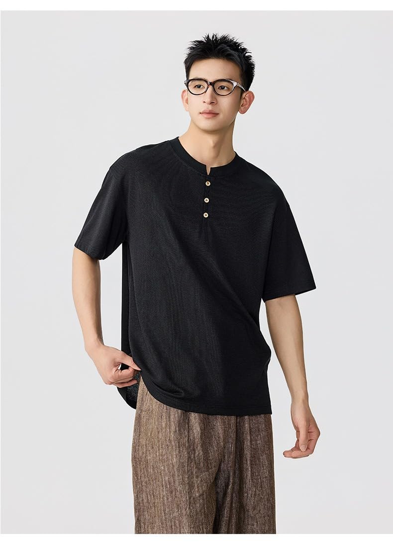Męska koszulka z krótkim rękawem w stylu amerykańskim vintage na co dzień w stylu Henley