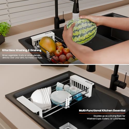 Image of Lorazzo Kitchen Sink Basket - Over The Sink Expandable Colander for Vegetable & Fruit Washing | Drain Basket & Sink Strainer | Adjustable Kitchen Sink Accessories | 1-Year Warranty (Silver & White)