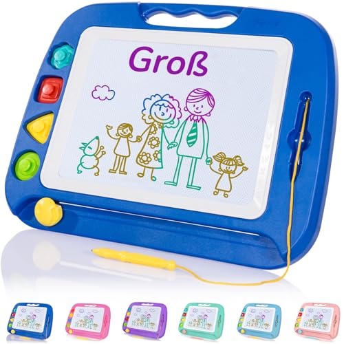 SGILE Große Magnetische Maltafel Zaubertafel Kinder, 42×32 cm Magnet Magnettafel mit 4 Stempeln, Kreatives Spielzeug ab 2 Jahren, Geschenk für Jungen & Mädchen 1 2 3 4 Jahre, Blau