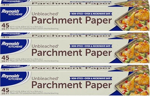 Reynolds Kitchens Unbleached Parchment Paper Roll, Non Stick Parchment Paper for Cooking and Baking, Oven Safe up to 425 Degrees, Chlorine-Free, 45 Feet x 12 Inches, 45 Total Sq. Ft. (Pack of 3)