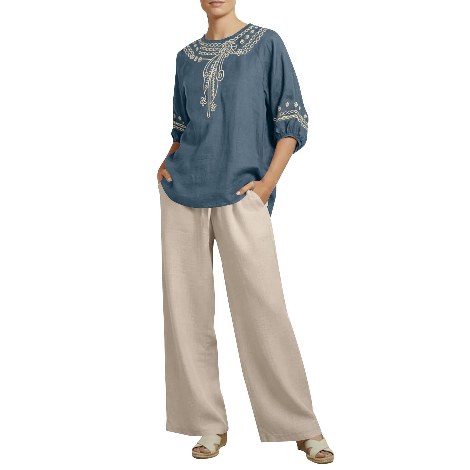 Ensemble Lin Femme 2 Pieces Chic Et Elegant Été,Ensemble Femme Pantalon Et Haut Fluide Broderie Deux Pièces Survetement Manches Courtes Bohème Outfit Set Léger Décontracté De Plage