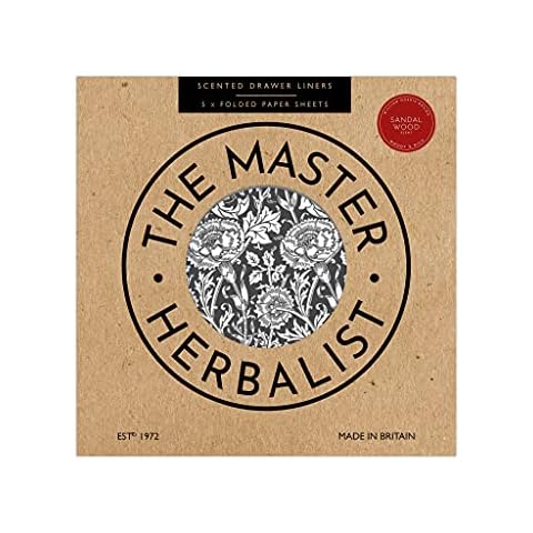 The Master Herbalist SANDALWOOD Scented Drawer Liners in a BLACK William Morris Design. Pack of 5 Sheets. Contains SANDALWOOD Essential Oil (FOLDED) Cover