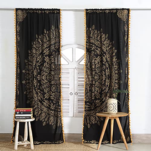 Popular Handicrafts Indian Hippie Mandala Bohemian Beautiful Black Gold Window Drapery Fringes Curtain Bedroom Living Room Balcony Valance Panels #TOP17