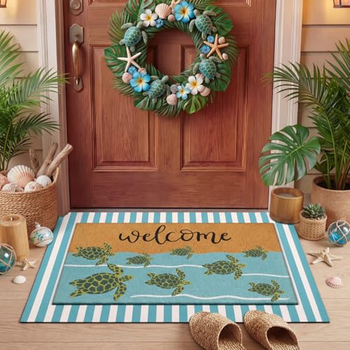 Drydiet 2 Pack Summer Layered Outdoor Doormat, Sea Turtle Welcome Mat with Blue Striped Rug, Beach Double Layering Non Slip Mats for Front Porch Entryway Indoor Outdoor Decor