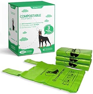 Alpha Pets Compostable Dog Poo Bags With Easy-Tie Handles - 320 Medium-Large Biodegradable Cornstarch Pet Waste Bags - 3 Month Supply With Dispenser Box