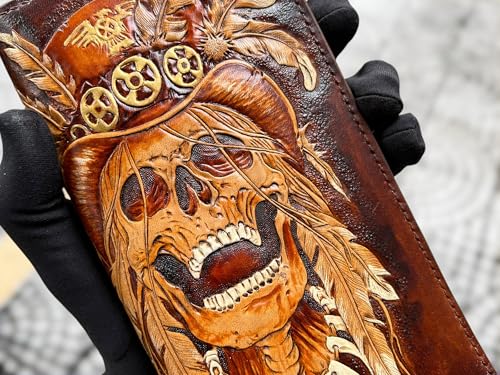 Handmade Skull Leather Carving Long Wallet, Long Wallet, Hand-carved, Leather Carving Wallet with Bronze Chain4