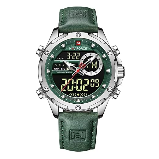 NAVIFORCE Montre de sport pour homme, militaire, numérique japonaise, mouvement à quartz analogique, étanche, multifonctionnelle, en cuir, montre-bracelet, Argenté