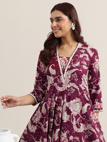 Image of Libas Printed Cotton Anarkali Kurta With Trouser and Dupatta