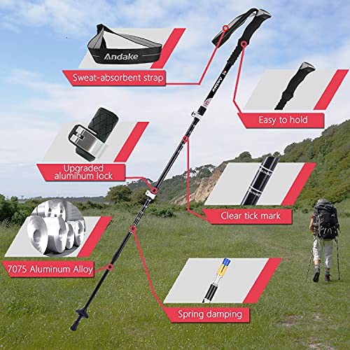 Andake 4-Sections Trekking Poles Shock Absorbing, Aircraft-Grade Aluminum 7075, Lightweight, Collapsible Hiking or Walking Sticks with Quick Lock, 2pc, Include All Terrain Accessories and Carry Bag