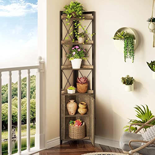 Rolanstar Corner Shelf 5-Tier With Storage, Corner Bookshelf Stand Storage Rack Plant Stand For Living Room, Home Office, Kitchen, Small Space, Grey 12.5"D X 18.9"W X 70.9"H #TOP5
