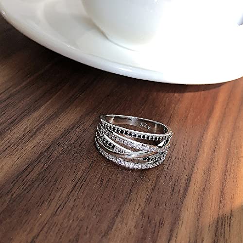 CHWLNJN S925 Sterling Silver Cross-Wound Black Gemstone Ring Personality Inlaid Multi-Row CZ Diamond Ring Eternal Engagement Wedding Ring Fashion Women's Ring (6)3