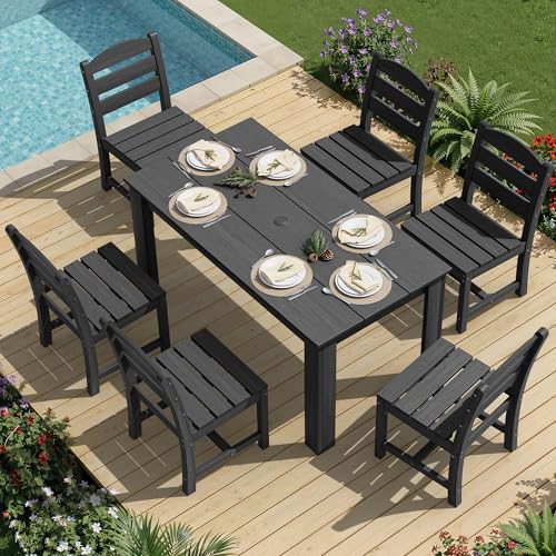 Image of SERWALL 59 inch Outdoor Dining Set for 4, w / 1 Table & 4 Armless Chairs, Black | Armless Patio Dining Sets for All Weather Use