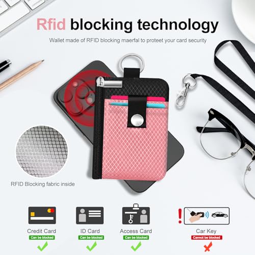 Image of Minimalist RFID Blocking Small Wallet with ID Window,WaterResistant Zip Id Case Wallet with Lanyard Keychain for Cards,Cash,Travel,Women,Men (Pink /Black)