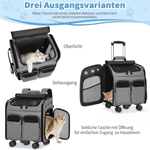 OUUTMEE Haustiertragetasche, Tragetasche mit Rollen, Katzentragetasche mit Rollen, für Katzen und kleine Hunde, 4-Wege-Handtasche, multifunktionaler Rucksack, atmungsaktiv Grau