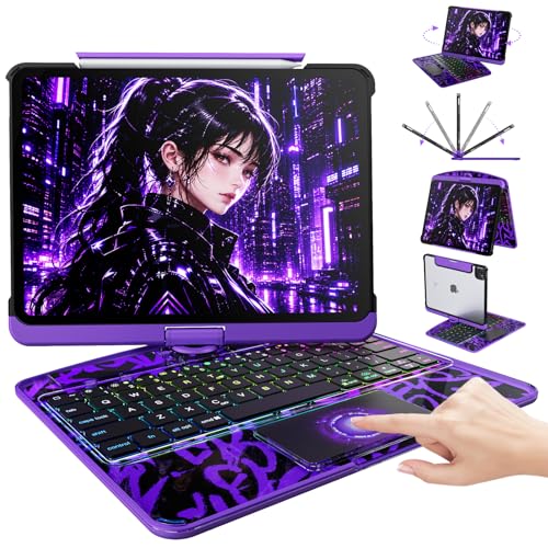 Image of Cyberpunk Clear Keyboard Case for iPad (A16) 11th 10th Generation (11 inch 2025 & 10.9 inch 2022), 360 Rotatable, Multi-Touch Trackpad, 7-Color Backlit, Pencil Holder, Battery Level Display, Purple