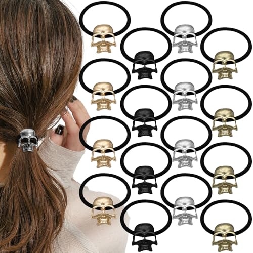 16Pcs Halloween Skull Hair Ties Metal Goth Ponytail Holder Elegant Y2K Hair Scrunchies Punk Skeleton Hair Rope Gothic Viking Hair Accessories for Women and Girls