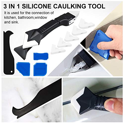 Caulking Tool, Stainless Steelhead Caulking Tool Kit, Silicone Sealant Grout Removal Tool with Reuse and Replace 6 Pads for Kitchen Bathroom Window, Sink Joint