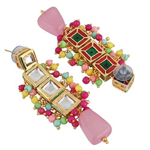 Image of LUCKY JEWELLERY Back Meenakari 18k Gold Plated Mutlicolor Color Square Shape Tika Earring Combo Jewellery Set Uncut Kundan Big Kundan Dibbi Kundan Choker Necklace Set for Girl's & Women