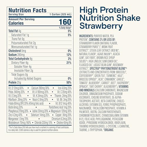 Image of KATE FARMS Organic High Protein Strawberry Nutrition Shake, 25g Protein, 6g Fiber, 27 Vitamins and Minerals, 0g Sugar, Protein Drink, 11 oz Bottle