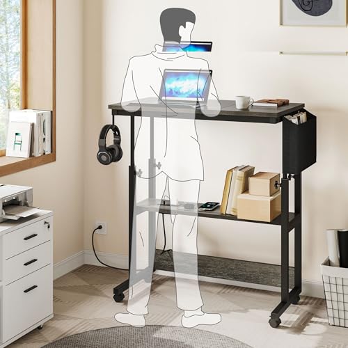 Image of YITAHOME Height Adjustable Table with Charging Station, Portable Desk with Wheels, Small Standing Rolling Computer Desk with Tiltable Tabletop and Storage Bag, Grey