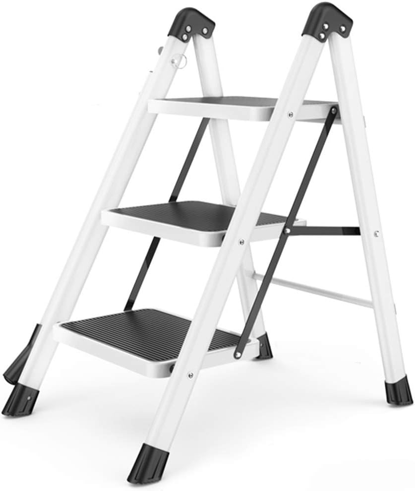 OKUOKA Ladders,Handrail Ladder Stool 3 Step, Folding Small Stepladder for Kitchen Bedroom Living Room, with 26 cm Wide Rungs, Load 150 Kg/White