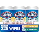 Clorox Disinfecting Wipes for Allergy Season, Bleach-Free, Multi-Surface Cleaner, Antibacterial, Fresh Scent & Crisp Lemon, 75 Count Each, Pack of 3