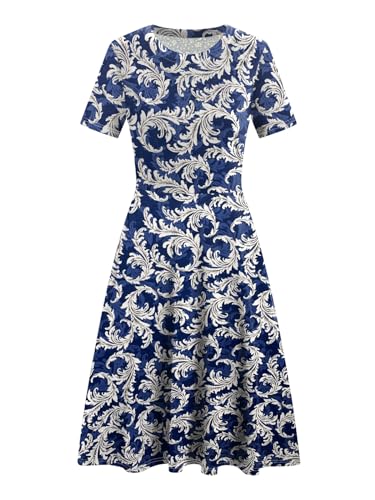 Image of Women's 2026 Fit and Flare Dress Summer Casual Elegant Vintage Floral Printed Work Party A-line Dress with Pockets 162