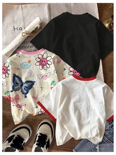 Girl's 3 Packs Cute Cherry Bowknot Graphic Tees Short Sleeve Crew Neck Summer Kawaii Tops2