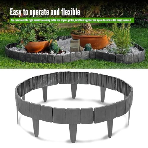 EXLECO 40 Pcs Rasenkante Kunstoff Grau 10 Meter Beeteinfassung Steinoptik Palisade Zaun Stone Rasenkantensteine Beetumrandung Stein Effect Garten Randsteine Pflanze Bordüre für Rasen Blumenbeet