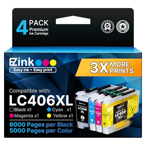 E-Z Ink LC406XL LC406 Ink Cartridges for Brother Printer Replacement for LC406 XL LC406XL for Brother MFC-J4335DW MFC-J5855DW MFC-J6555DW MFC-J4535DW MFC-J6955DW MFC-J4345D XL MFC-J5955DW (4