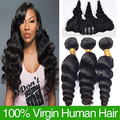 Ali AMY Virgin Brazilian Hair Loose Wave Lace Frontal 3 Part Closure With 3 Bundles Human Hair loose Wave Weave Bundles Natural Color (16,16,18+ 12Inch)