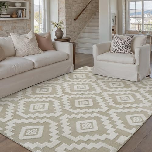 PureCozy Teppich Wohnzimmer 80x150cm Boho Schlafzimmer Waschbarer Groß Teppiche 3D Effekt Gegend Kurzflor Flauschig Rutschmatte Esszimmer Kinderzimmer Bettvorleger Carpet, Beige&Weiß 3d | Be