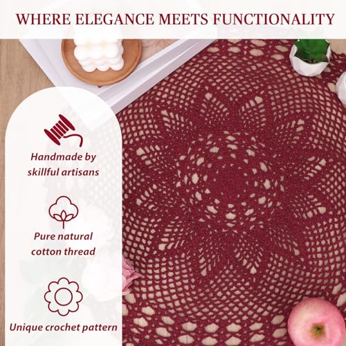 Napperon en dentelle coton crocheté main kilofly nénuphar rouge de table - 7