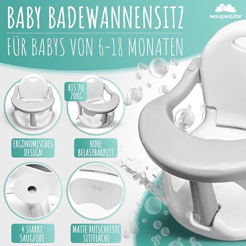 WOLKENGLÜCK® Badewannensitz Baby ab 6 Monate - ergonomischer Anti-Rutsch-Badesitz mit starken Saugnäpfen für Dusche oder Badewanne [belastbar bis 20 kg]