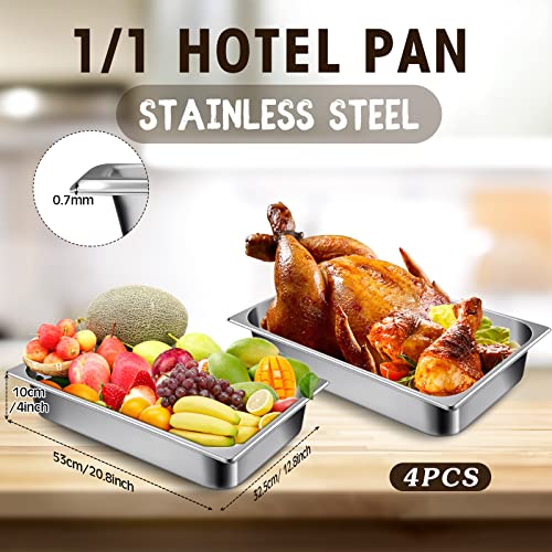 4 Pack Stainless Steam Hotel Pans With Lids, 1/1 Full Size X 4 Inch Deep, 0.7 Mm Thick 304 Stainless Steel Hotel Pan Anti Steam Table Pan For Food Warmer Cooking Heat #TOP1