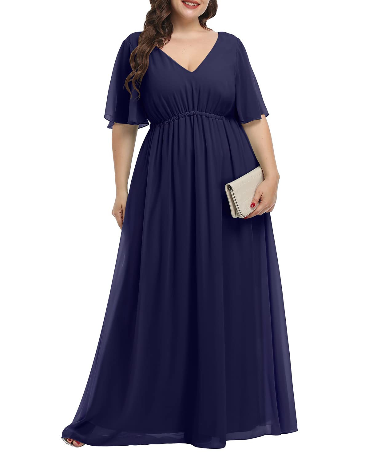 Navy Blue Dress for Women Bridesmaid xxl Size Maxi Formal Chiffon Wedding Party Ball Gowns Short Sleeve Long Dresses