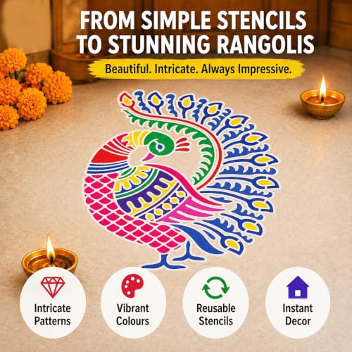 Image of SWAGSTATION Mandala Rangoli Stencils Set Rangoli Stencils Big Size for Floor (Set of 7 Stencil, 6 Rangoli Colors Set, Decorative Stencils Combo 61WS0771) Mandala Rangoli Making Tools Kit, Multi