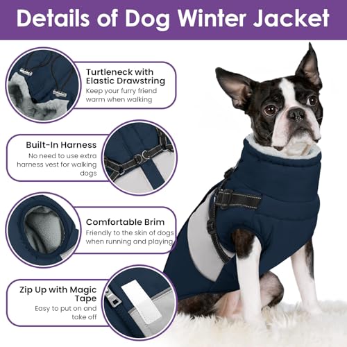 Image of Dog Jacket, Large Dog Coat with Harness Built in, Warm Pet Winter Jacket Zippered Snow Coat with Furry Collar, Waterproof Fleece Snowsuit for French Bulldog, Navy Blue L