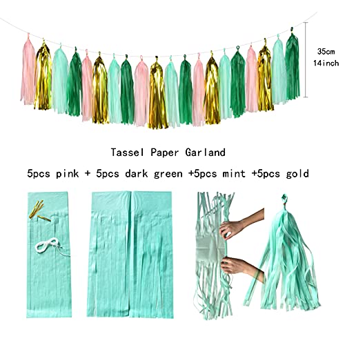 Image of Sage-Green Pink Mint Gold Birthday Decorations - 31pcs Party Kits Happy Birthday Banner Flags,Tissue Paper Pom Poms,Circle Dots Garland,Tassel Streamers,40th 50th Women Men Birthday Decor Panduola