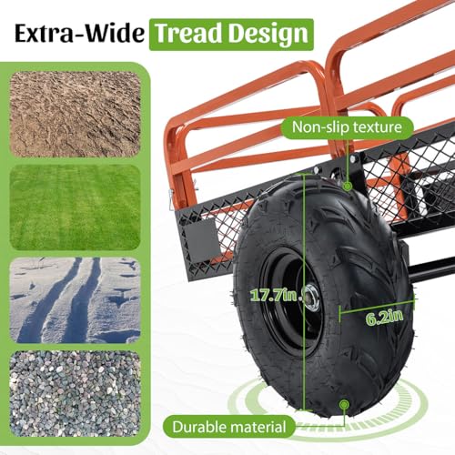 Carretilla remolque volquete de acero resistente de 1500 lb, 15 pies cúbicos, con volcado por doble control, neumáticos neumáticos de 17.7", estructura reforzada para ATV, UTV, tractor de césped y jardinería miniatura 4